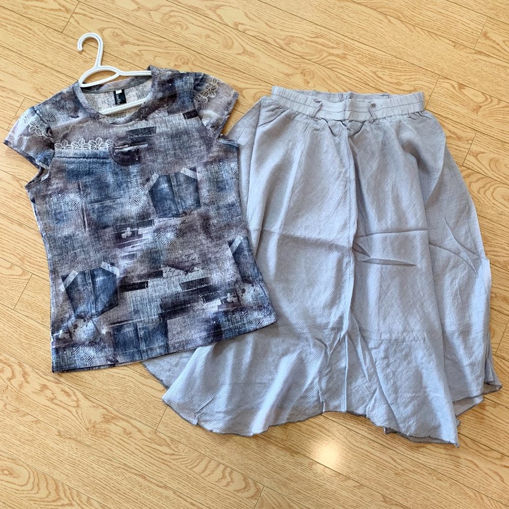 T-shirt Top Short Sleeve Midi Skirt Grey Loose Set
